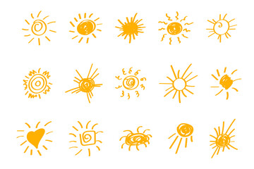 Set of hand-drawn suns icons. Summer collection of sketches of luminaries. Shine and rays of golden color. Doodle, draft, childish simple drawing. Logos isolated on white.