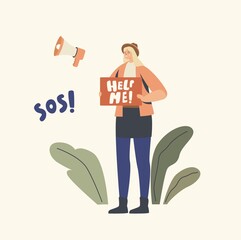 Female Character Holding Board in Hands with Help Me Inscription. Sos Request, Mutual Aid, Girl Got Problems, Hardship