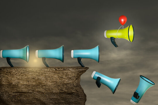 Loudspeakers on cliff with a red balloon help to escape one yellow loudspeaker from falling in a sunset day. Promote your campaigns or refer a friend or promotion or participation concept. 3D Render