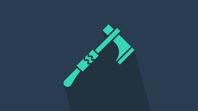 Turquoise Native american tomahawk axe icon isolated on blue background. 4K Video motion graphic animation.