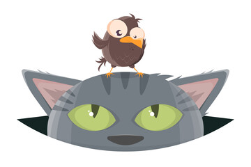 funny cartoon bird standing on top of a cat's head