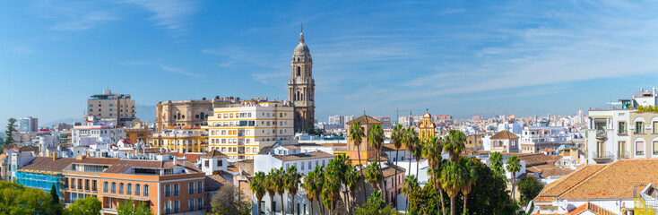 Panoramic view of big city, the cathedral of Malaga, church of St. Augustine. Costa del Sol. Malaga. Andalusia. Spain.