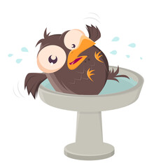 funny cartoon bird having fun in bird bath