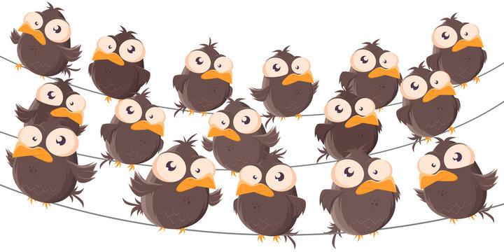 funny cartoon birds sitting on a wire