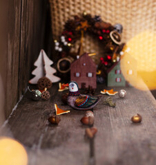 new year and christmas background. wooden toy duck .backgrounds for greeting cards