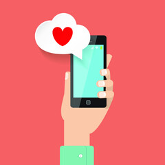 Hand holding a smartphone with a love message on display. Doodle cartoon flat style. Communication, online dating, romance, Valentine's day concept. Vector illustration. 