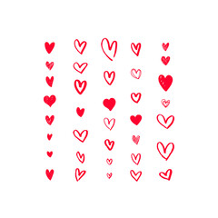 Set of hand drawn red hearts, doodle, grunge, calligraphy, hand drawn. Love, heart, Valentine's day. Set of hearts isolated on white background. Vector designer illustration set
