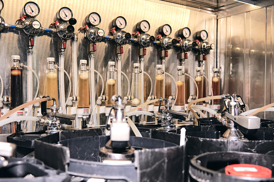 Private brewery manufacture of craft beer. Equipment for the preparation of beer. Cold room of pub