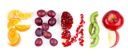 Fruits. Mixed fruits and berries on the white background. Fresh food. Word fruit.