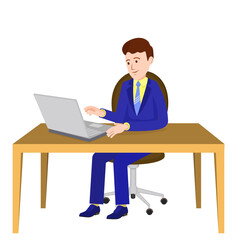 Fototapeta na wymiar A man in a suit with a laptop.A man is sitting at a table with a laptop. Vector image of a person for animation. Еditable strokes. Editing movements. 