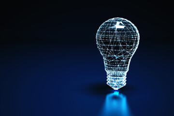 Illuminated wireframe of a bulb light on dark blue background. 3D Rendering