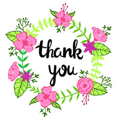 Thank you gratitude ex[ression vector illustration, banner, postcard, poster. Phrase on floralblossom bloom background.