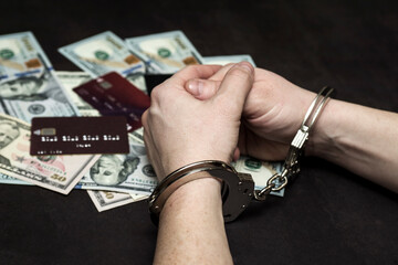 Hands of a fraudster with handcuffs on a background of us dollars and credit cards. Fraud, cyber crime concept