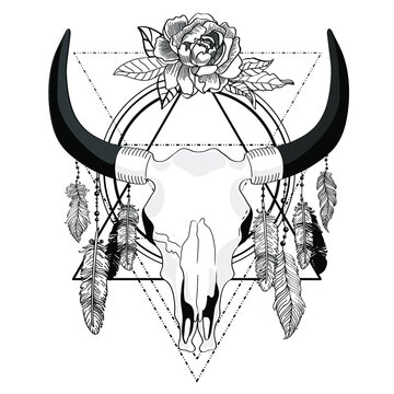 Black and white bull cow skull wector illustration with flowers, feathers, secret geometry elements. Boho style, tattoo sketch, spiritual, religious illustration.