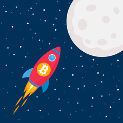 Bitcoin skyrocketed to the moon. cryptocurrency growth concept ether, ethereum and BTC.