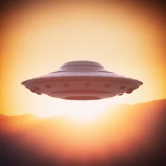 Fotobehang Unidentified flying object, UFO. Alien spaceship gravitating in the sky with the sun behind. 3D illustration, ufology concept. Clipping path included. © ktsdesign