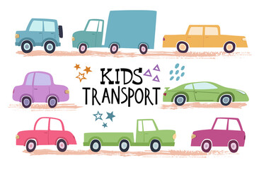 Fototapeta na wymiar Set of cute cartoon kids cars in scandinavian style