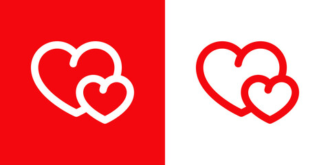 Día de San Valentín. Logotipo con 2 corazones con lineas en fondo rojo y fondo blanco
