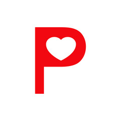 Día de San Valentín. Logotipo inicicial letra P con corazón en color rojo