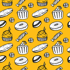 Seamless pattern. Desserts of various types on a bright yellow background. Cupcakes, donuts, eclairs and candies. Vector. Doodle style. Suitable for packaging, textiles and wallpaper.