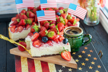 strawberry cheesecake with usa american flag table - national federal holiday patriotic breakfast 