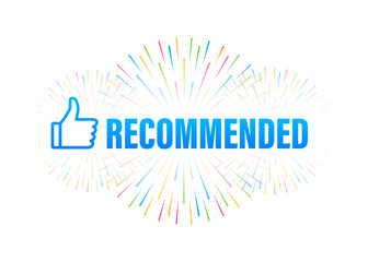 Recommend icon. White label recommended on blue background. Vector stock illustration.