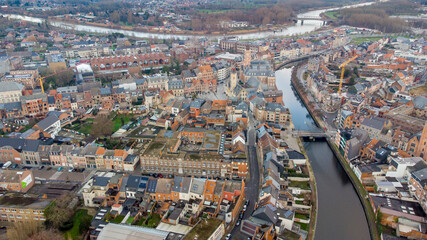 Obraz premium Aerial photo of Dendermonde, a town in East Flanders. View towards the Town Square (Grote Markt)