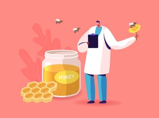 Doctor Character Hold Flower with Bee Flying around Glass Jar with Honey and Honeycombs with Bees Flying around