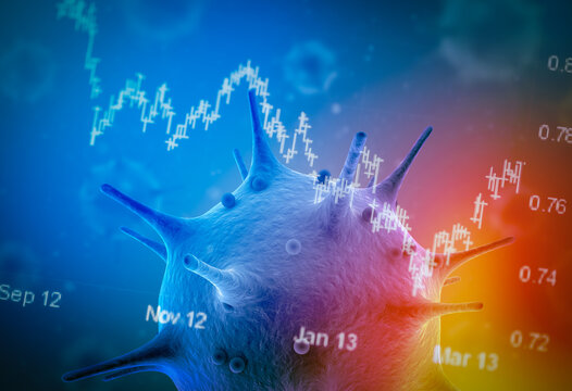 Effect of Coronavirus on stock market concept: Covid-19 pandemic hit the world's economy. Stock market crash in business world. 3d Rendering of coronavirus cells on stock market chart data. 