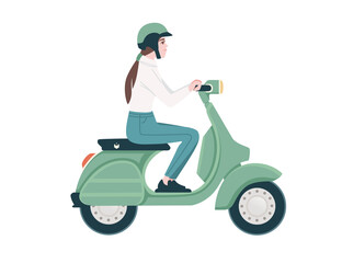 Fototapeta na wymiar Side view of woman riding green retro scooter cartoon character design flat vector illustration isolated on white background