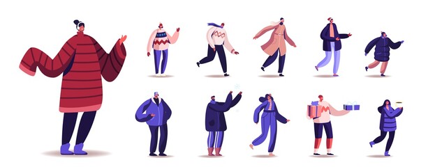 Set of Male and Female Characters Wearing Warm Clothes. Young People in Woolen Knitted Handmade Pullover, Scarves, Hats