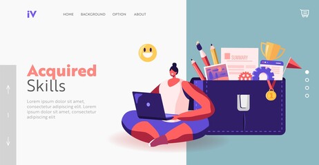 Office Worker, Freelancer Landing Page Template. Woman Character Work on Laptop Sitting near Huge Portfolio Bag