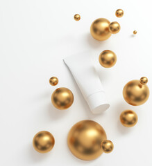 Fototapeta na wymiar Blank white cosmetic cream tube on white background, surrounded by floating gold spheres. 3D render