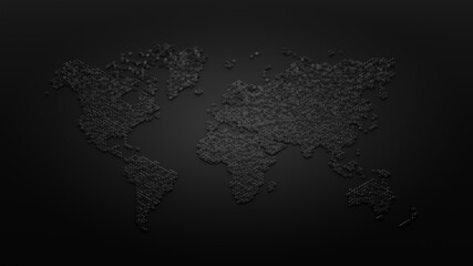 Black hexagons in a form of a world map on a black wall. 3D render