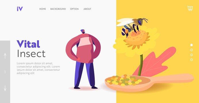 Organic Apiary Production Landing Page Template. Tiny Male Character Stand at Huge Flower with Bee Collecting Pollen