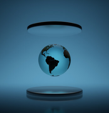 Earth Globe Is Levitating In The Air Between Silver Pedestals, Over Dark Background. 3D Render.