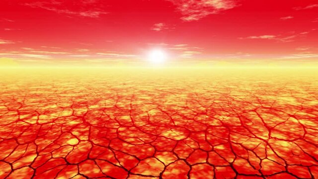 sultry desert landscape with dry cracked earth. bright sizzling sun and red sky. Video on the topic of global warming and environmental disaster
