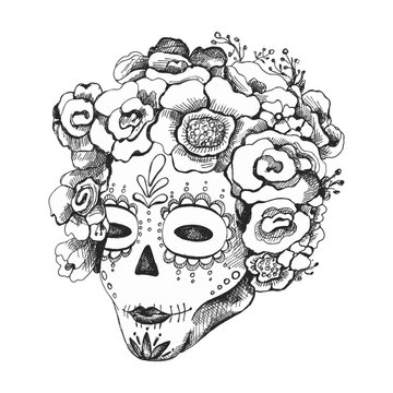 Sugar skull girl. Woman with makeup roses flowers wreath. Vector vintage hatching