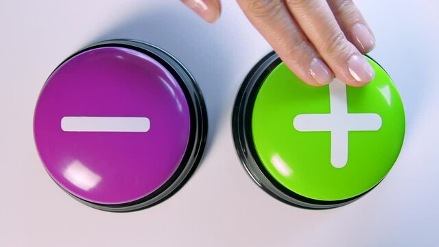 Choosing between Plus or Minus buttons, mathematical symbols. Number operations of addition and subtraction, calculation. Ads, promotion, negative or positive review, feedback. Woman making decision.