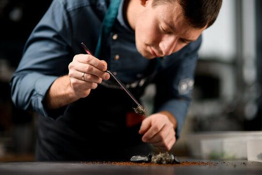 Close-up view on male chef holding tweezers with ingredient for preparing fusion cuisine dish