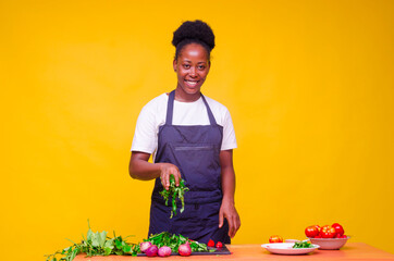 Fototapeta premium young beautiful african housewife carefully working in the kitchen