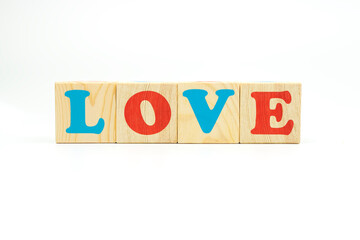 Multicolored cubes on white background word love