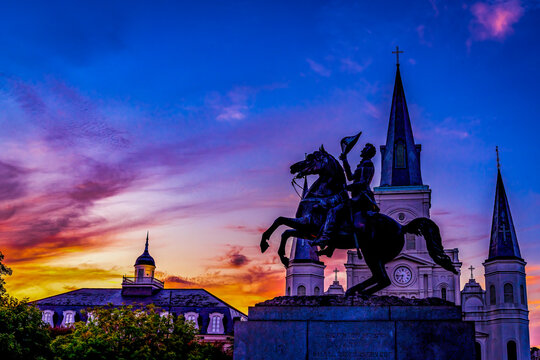 Sunset Jackson Statue Saint Louis Cathedral New Orleans Louisiana