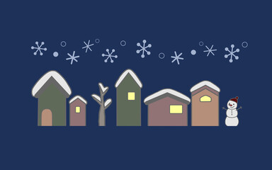 冬の夜の雪景色の家並みの手描き風イラスト