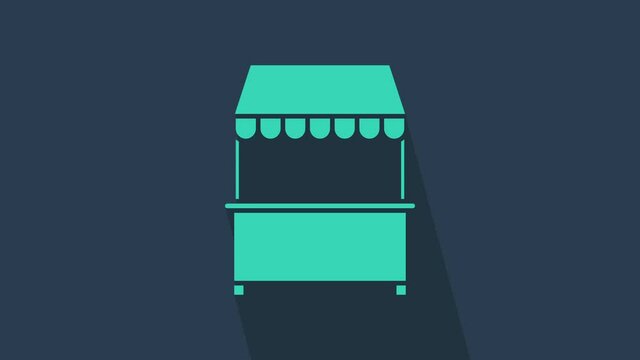 Turquoise Street stall with awning and wooden rack icon isolated on blue background. Kiosk with wooden rack. 4K Video motion graphic animation.