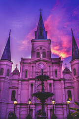 Fototapeta na wymiar Sunset Fountain Saint Louis Cathedral New Oreleans Louisiana