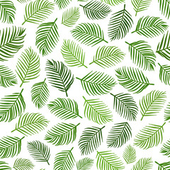 Tropical palm leaves flat vector illustration, green silhouette, over white background, seamless pattern.