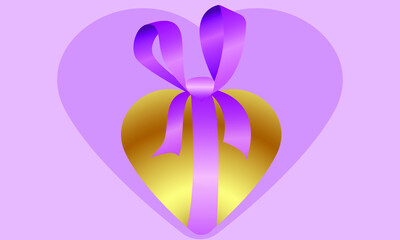 
a gift to a loved one in the form of a golden heart tied with ribbons with a bow on a pink background