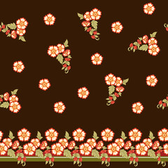 Seamless pattern with stylized ornamental flowers in retro, vintage style. Jacobin embroidery. Colored vector illustration in red and green colors on brown background