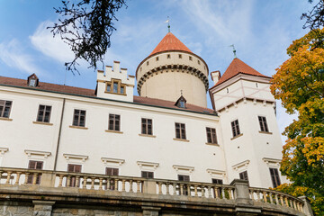 Fototapeta na wymiar Historic Medieval Konopiste castle residence of Habsburg imperial family, white tower, terrace of romantic gothic baroque Chateau in autumn sunny day, Central Bohemia, Czech Republic